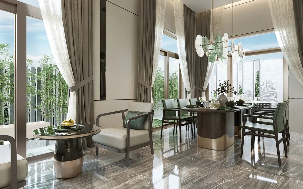 Phòng bếp nhà mẫu Gem Sky World luôn tràn ngập ánh sáng nhờ việc ưu tiên sử dụng những ô cửa kính rộng rãi thay thế cho các mảng tường.