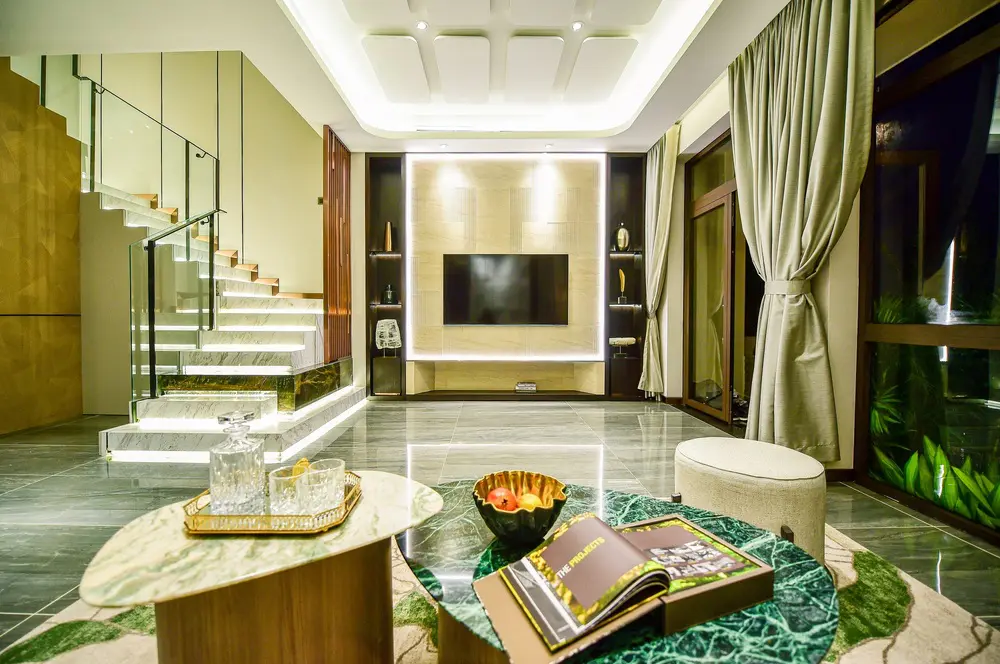 Thiết kế phòng khách nhà mẫu Gem Sky World được bài trí đơn giản cho không gian sinh hoạt chung rộng rãi nhưng không kém phần tinh tế, trang nhã.